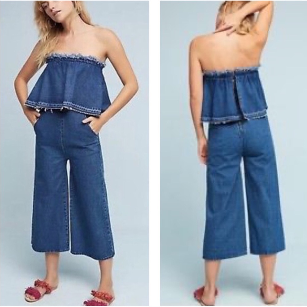Hei Hei denim strapless frayed cropped jumpsuit